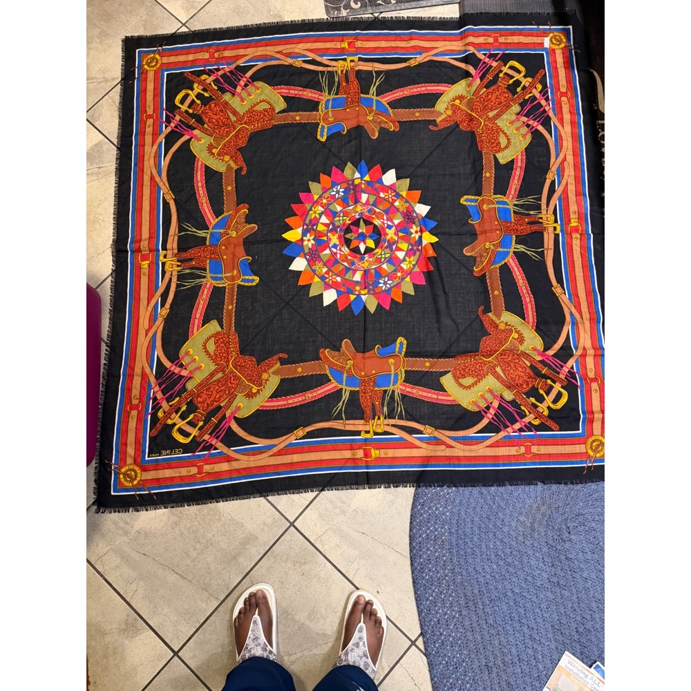 Celine Paris Wool Silk Scarf Black Equestrian Saddle Print Square Made in Italy